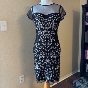 Giani Bini black and silver beaded flapper style dress with mesh neckline